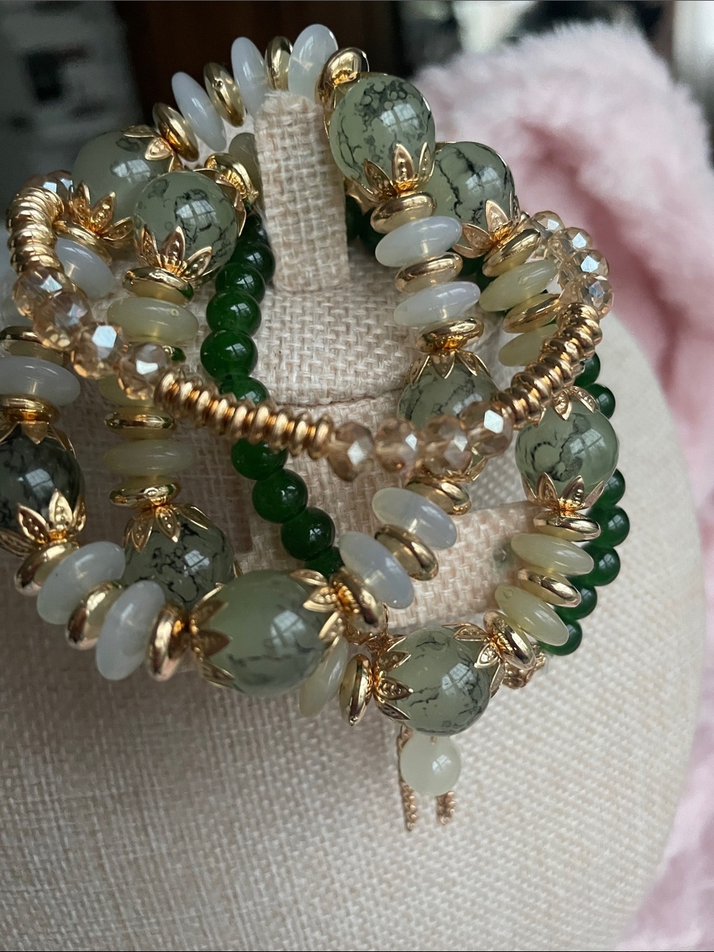 Handcrafted Green/Jade stretch Bracelets with crystals and Gold accent 6.75 NEW